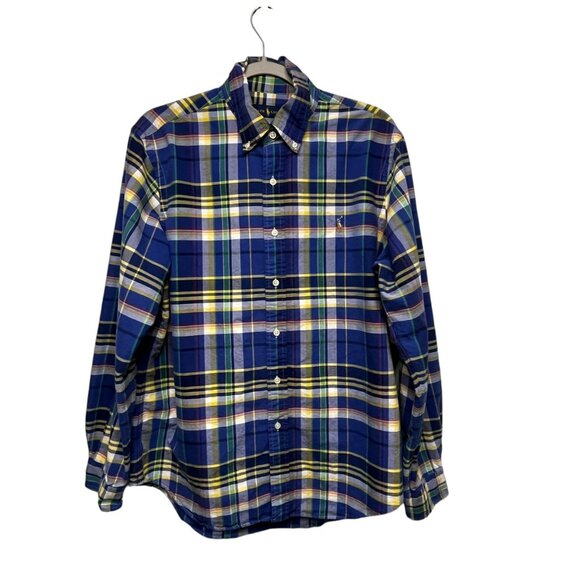 Ralph Lauren Men's Large Button Down Long Sleeve Plaid Shirt Blue Flesh Pony - Picture 1 of 7